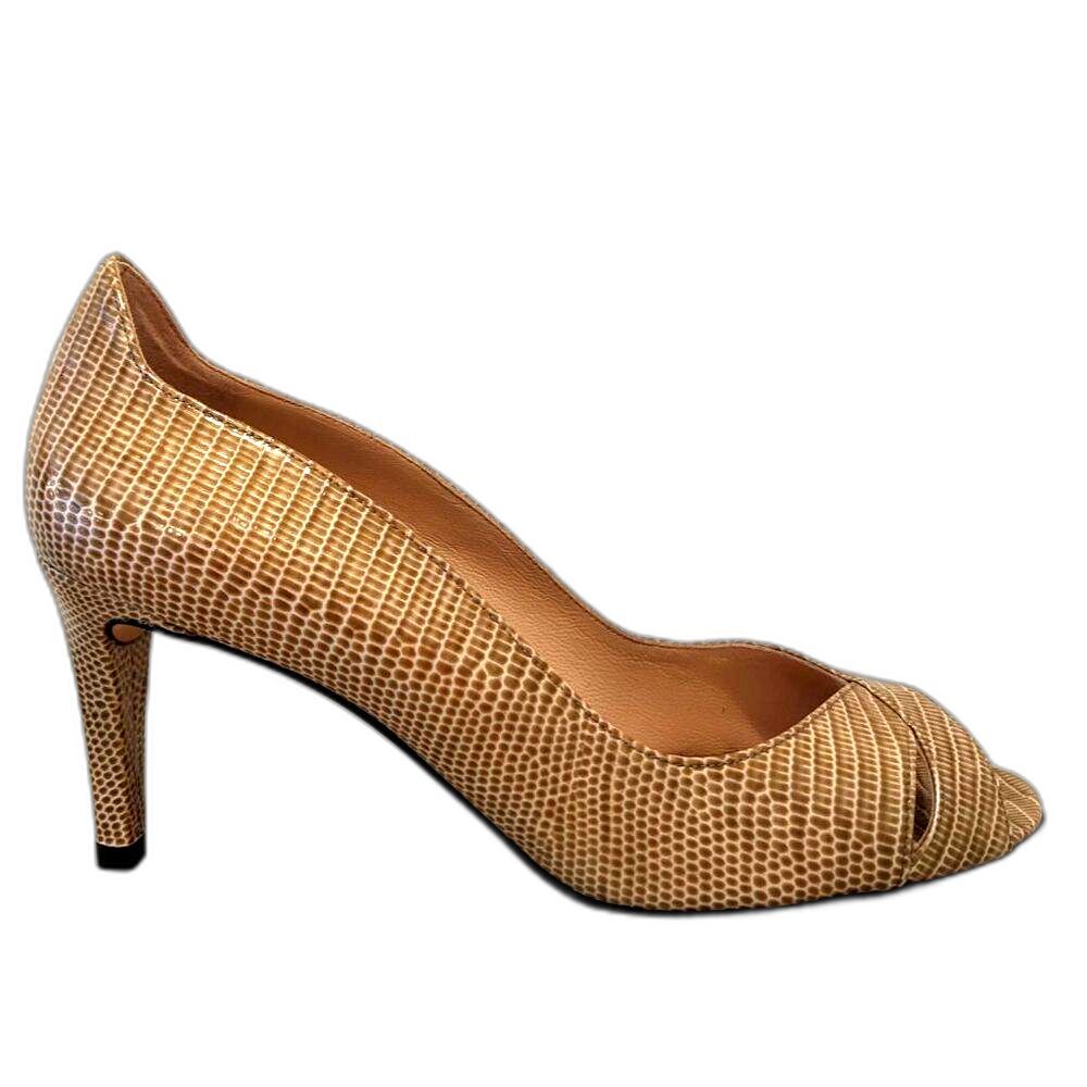 STUART WEITZMAN Tan & Cream Croc Print Cross Open Toe Mid Stiletto Pumps, Sz. 9